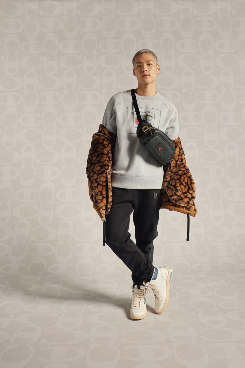 Entertainer Jeffrey Tung rocks a sporty look from the Coach x Champion collection.