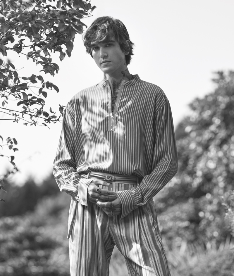 Appearing in a black and white photo, Gabriel-Kane Day-Lewis stars in Ermenegildo Zegna's spring-summer 2021 campaign.