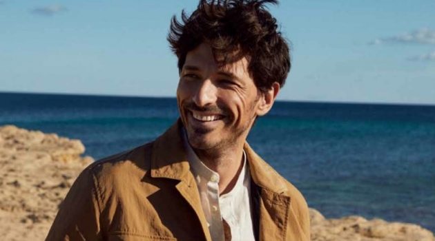 Andres Velencoso Channels '90s Ease in Esprit All smiles, Andres Velencoso wears a linen jacket and shirt with white jeans from Esprit's spring-summer 2021 men's collection.