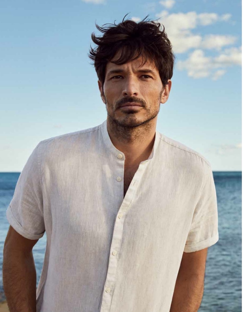 Spanish model Andres Velencoso dons a linen short-sleeve band-collar shirt from Esprit's spring-summer 2021 men's collection.