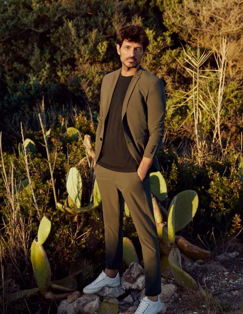 Front and center, Andres Velencoso dons a leisure suit from Esprit's spring-summer 2021 men's collection.