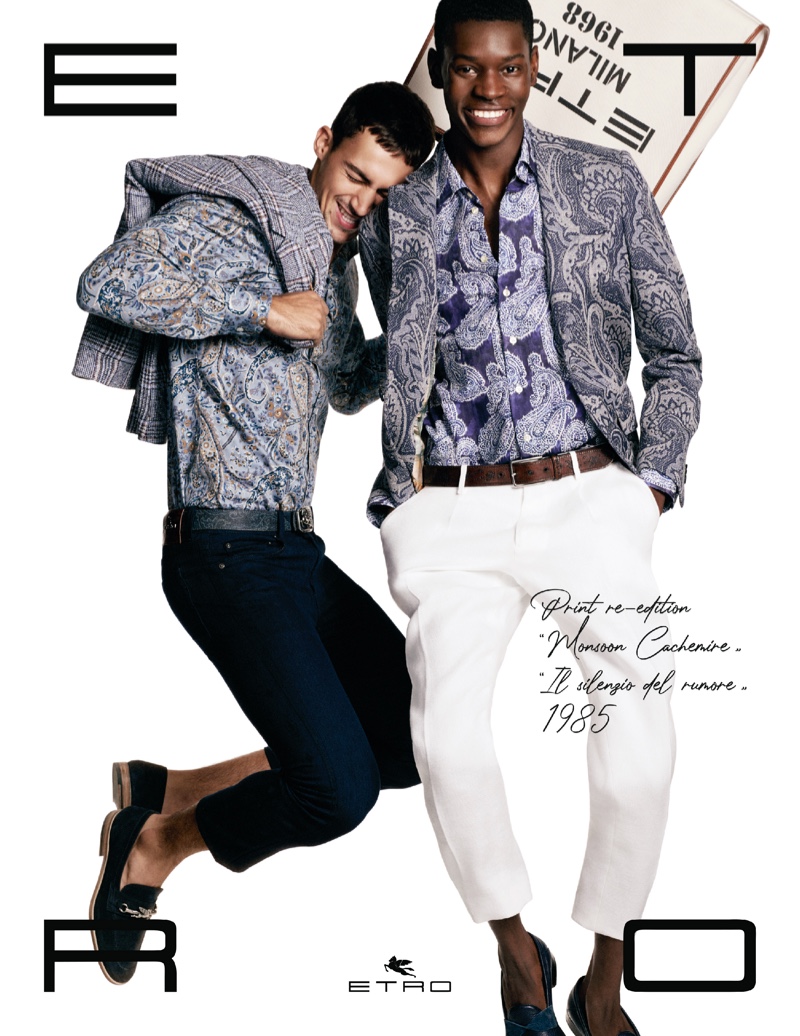 Alessio Pozzi and Grace Musase appear in Etro's spring-summer 2021 men's campaign.