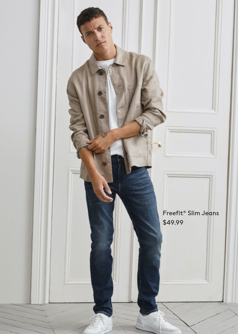 British model Felix Radford wears H&M's Freefit slim jeans.