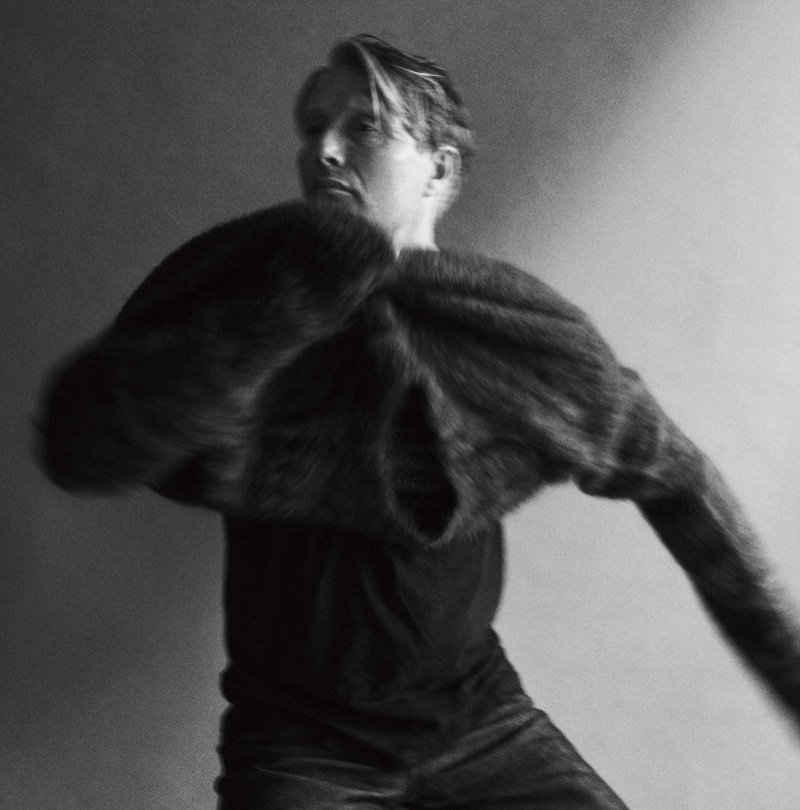 Actor Mads Mikkelsen wears a Marni sweater, Rag & Bone t-shirt, and A.P.C. jeans for WSJ Magazine.