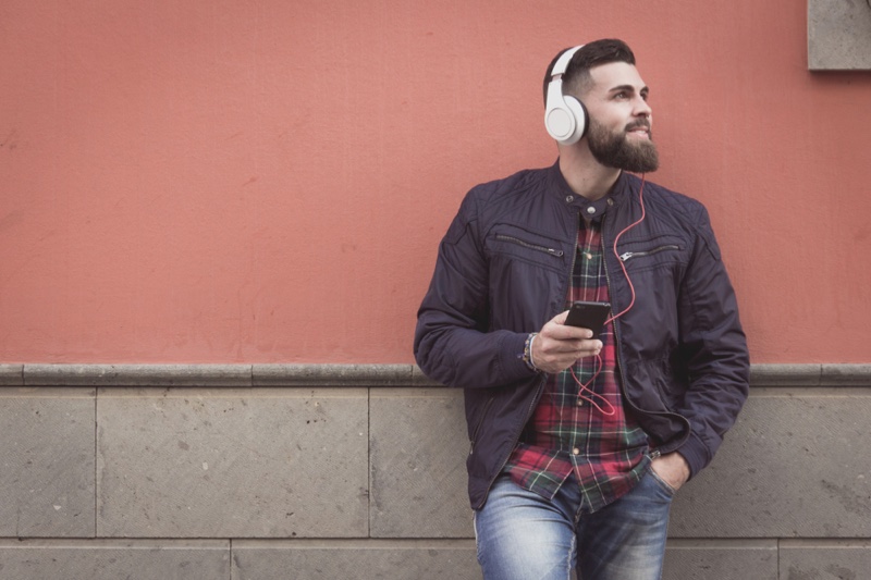 Man Wearing Jacket Flannel Plaid Shirt Listening Headphones