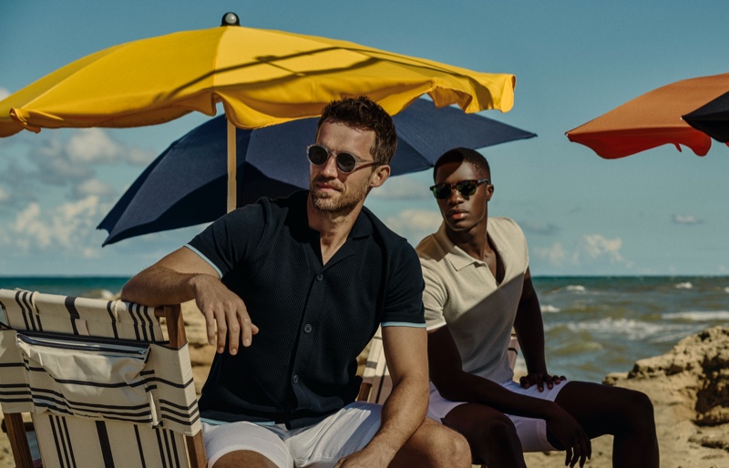 Enjoying a day at the beach, Andrew Cooper and James Kakonge showcase Orlebar Brown's new Atlantic collection.