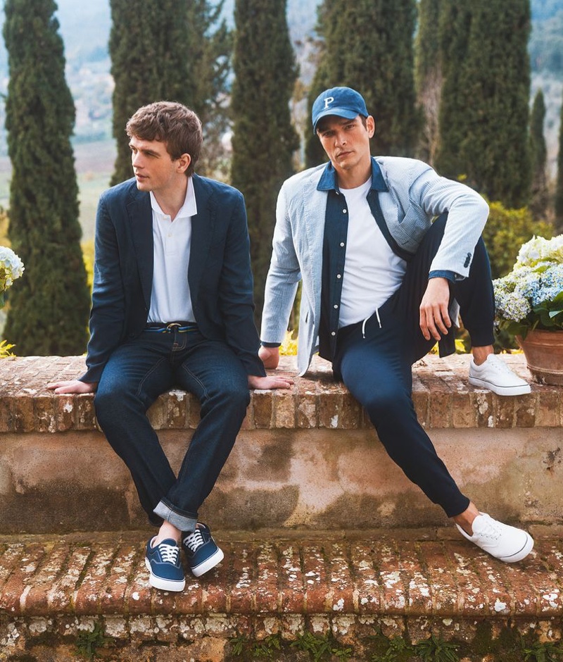 Models Benjamin Eidem and Alexandre Cunha front the OVS Piombo spring-summer 2021 campaign.
