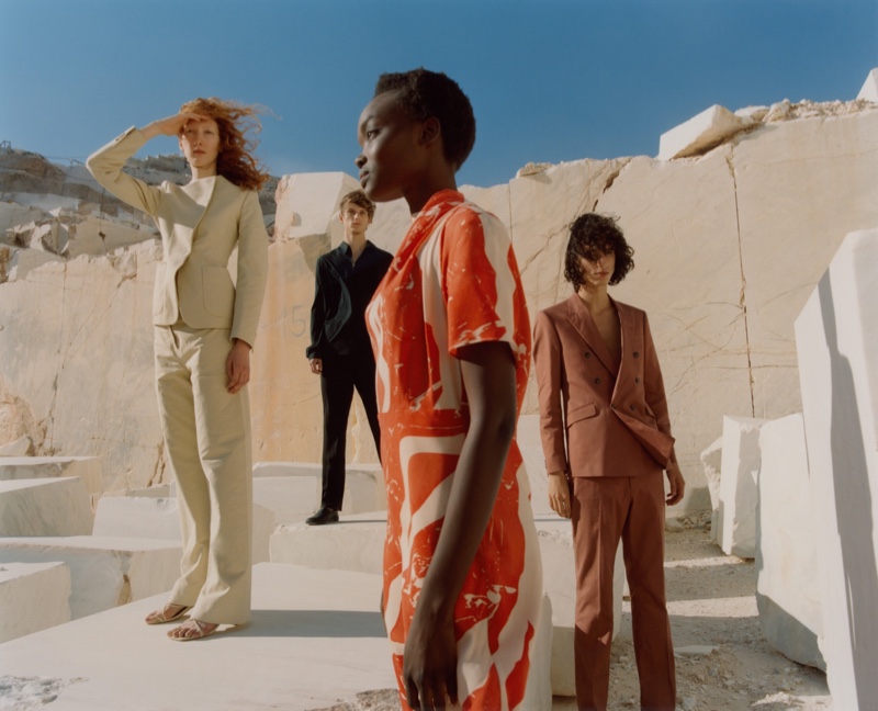 Lorna Foran, Serge Sergeev, Yacine Diop, and Adam de la Tour star in Tiger of Sweden's spring-summer 2021 campaign.