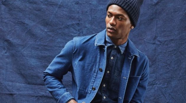 Hamid Models Monochromatic Style from Todd Snyder Hamid Onifade dons an indigo Japanese French chore coat and denim button-down shirt from Todd Snyder.
