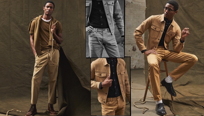 Front and center, Hamid Onifade makes a statement in Todd Snyder's new Italian drawstring infantry pants in desert khaki. Meanwhile, Hamid is photographed right in a Todd Snyder garment-dyed twill jacket, Japanese selvedge oxford button-down shirt, and slim-fit 5-pocket chinos.