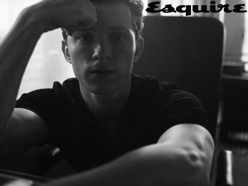 Front and center, Tom Holland wears a Bottega Veneta polo shirt for Esquire.