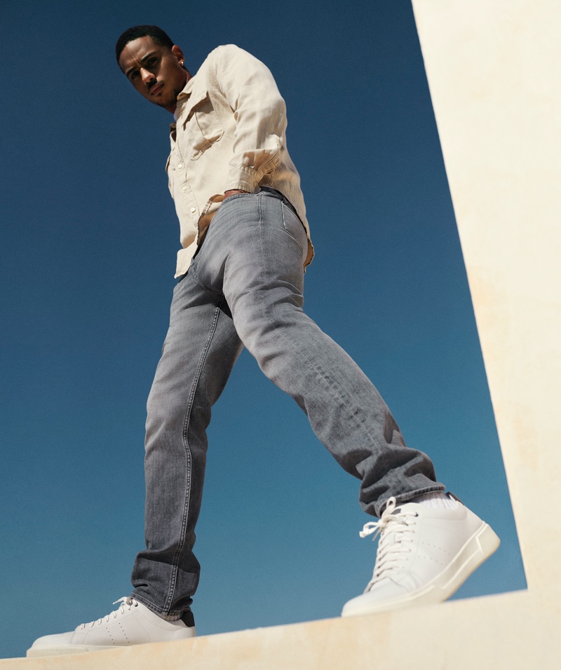 Rocking denim, Keith Powers stars in 7 For All Mankind's spring-summer 2021 men's campaign.