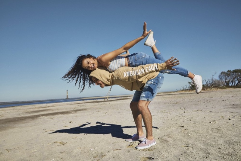 Enjoying a fun day at the beach, Madison Bailey and Chase Stokes star in American Eagle's spring 2021 denim campaign.