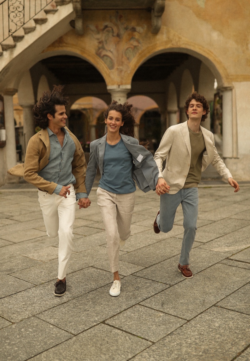 Models Luigi Cazzaniga, Davide Moncecchi, and Gaia Giovannetti appear in Boglioli's spring-summer 2021 campaign.