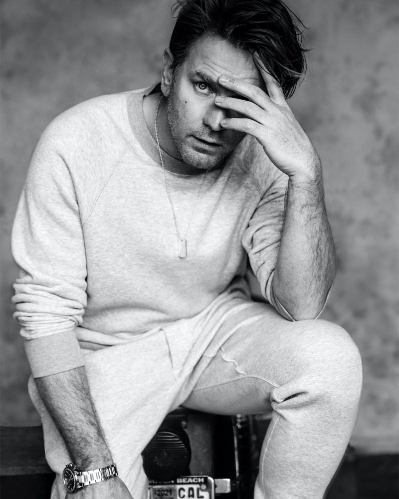 Showcasing leisure style, Ewan McGregor wears a look from Tom Ford for VMAN magazine.