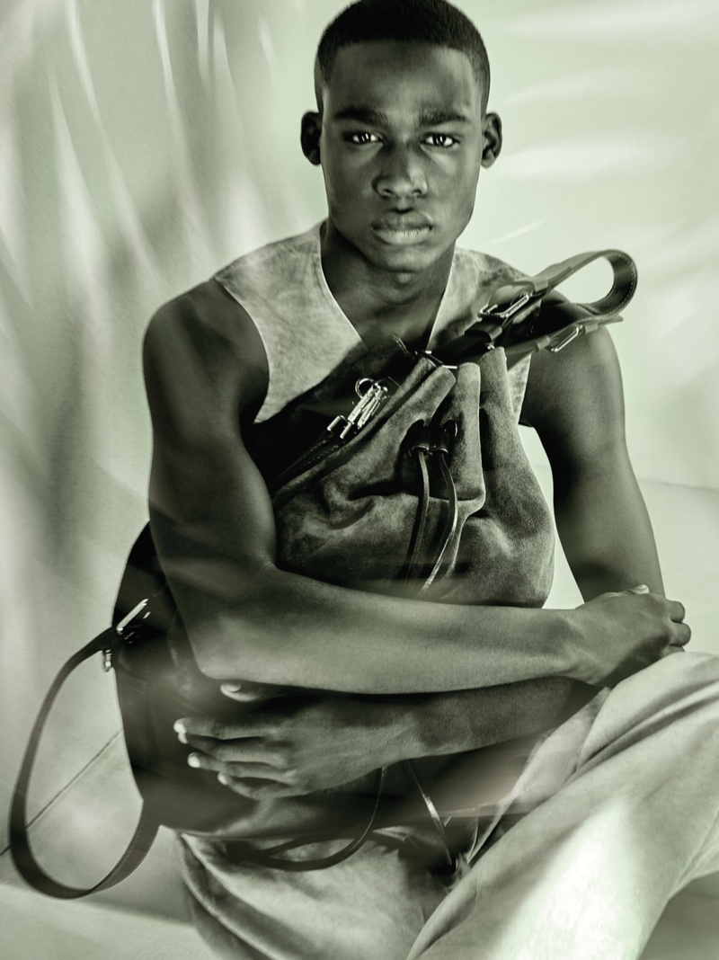 Front and center, Bano Sow appears in Giorgio Armani's spring-summer 2021 men's campaign.