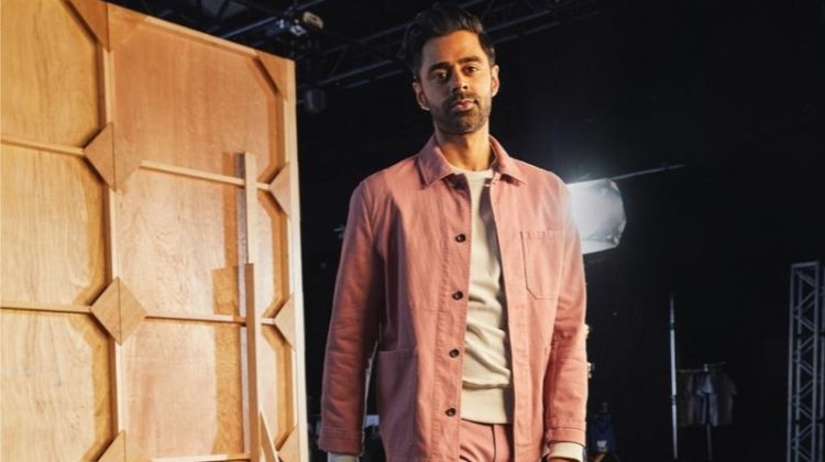 Hasan Minhaj wears a Todd Snyder Bedford cord chore coat and slim fit 5-pocket cord pants in rosewine.