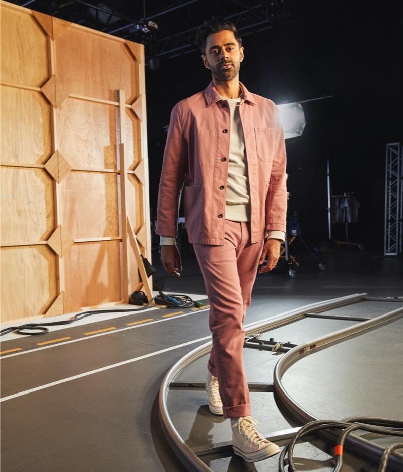 Hasan Minhaj wears a Todd Snyder Bedford cord chore coat and slim fit 5-pocket cord pants in rosewine. 