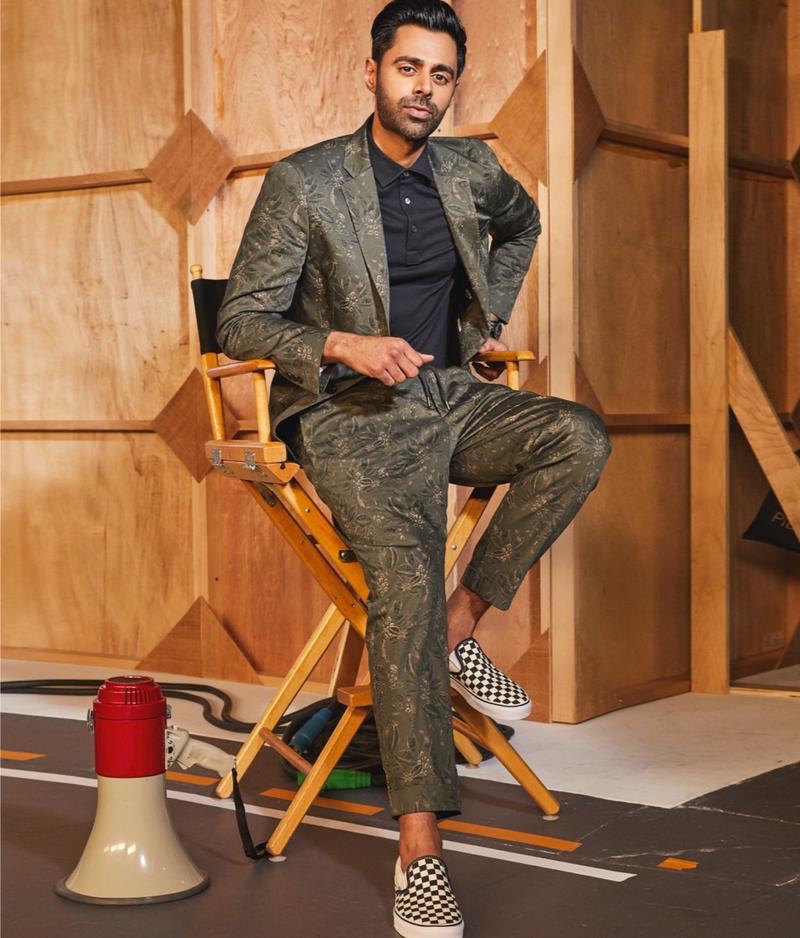 Dressed to impress, Hasan Minhaj sports a Todd Snyder Italian floral traveler suit jacket and dress pants.