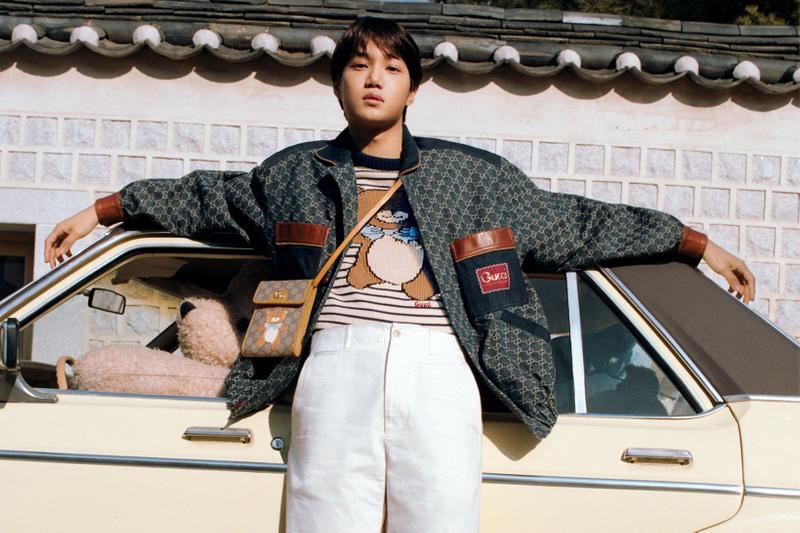 Front and center, Kai sports a striped teddy bear sweater and leather bag from his Gucci capsule collection. » Kai Collaborates with Gucci on Teddy Bear-Themed Collection Front and center, Kai sports a striped teddy bear sweater and leather bag from his Gucci capsule collection.