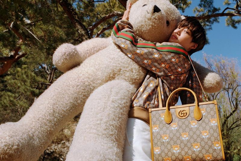 Kai poses with an oversized teddy bear in the campaign for his new Gucci capsule collection.
