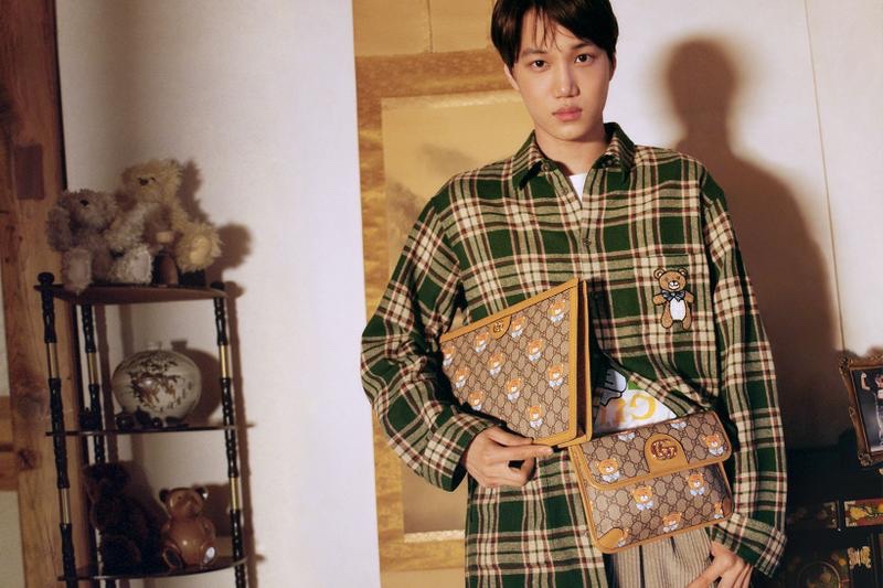 Gucci enlists Kai for a special capsule collection that features teddy bear-themed items like a plaid shirt and leather accessories. 