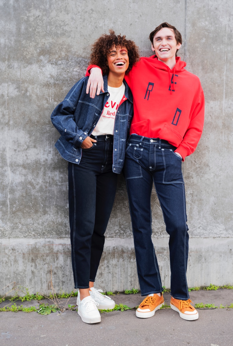 All smiles, models Hanna Lhoumeau and Anders Hayward come together in clothes from Levi's Red.