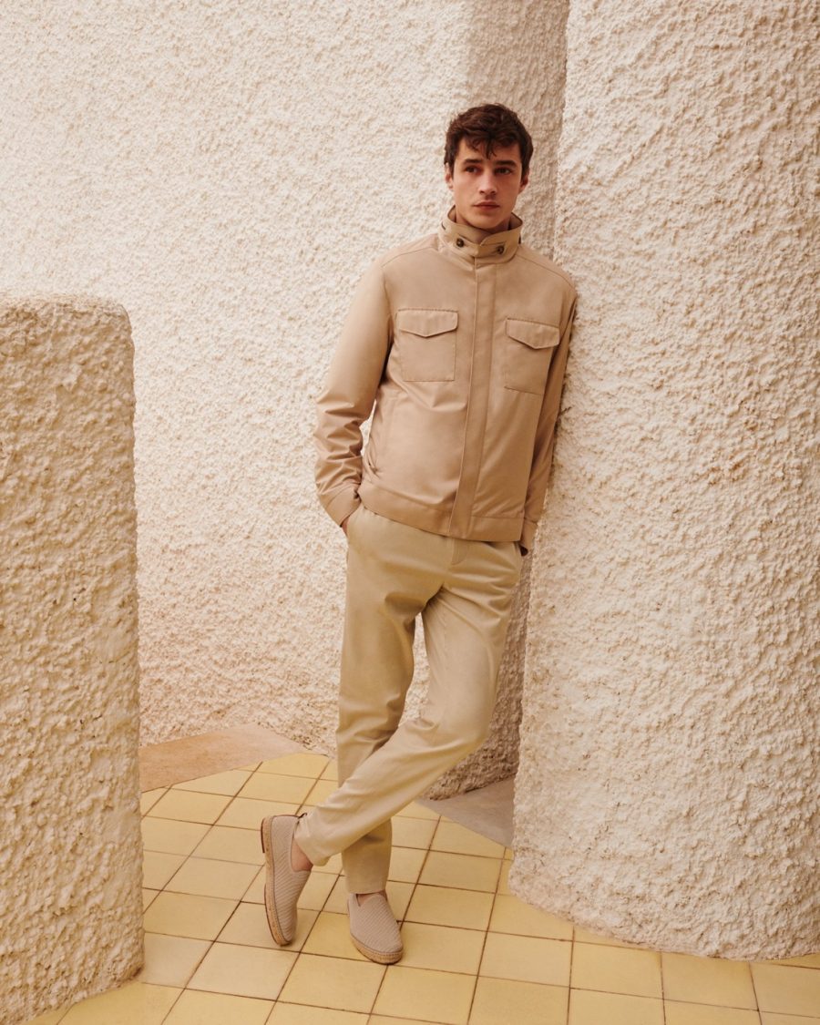 French model Adrien Sahores dons a monochromatic look from Loro Piana's Traveller collection.