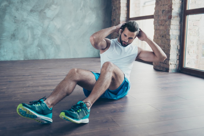 Male Model Situps Workout Sneakers Tank Shorts Male Model Situps Workout Sneakers Tank Shorts