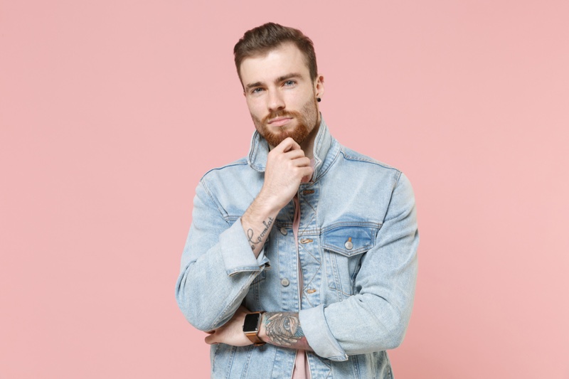 Man Light Wash Denim Jacket Tattoos Pink shirt Man Light Wash Denim Jacket Tattoos Pink shirt