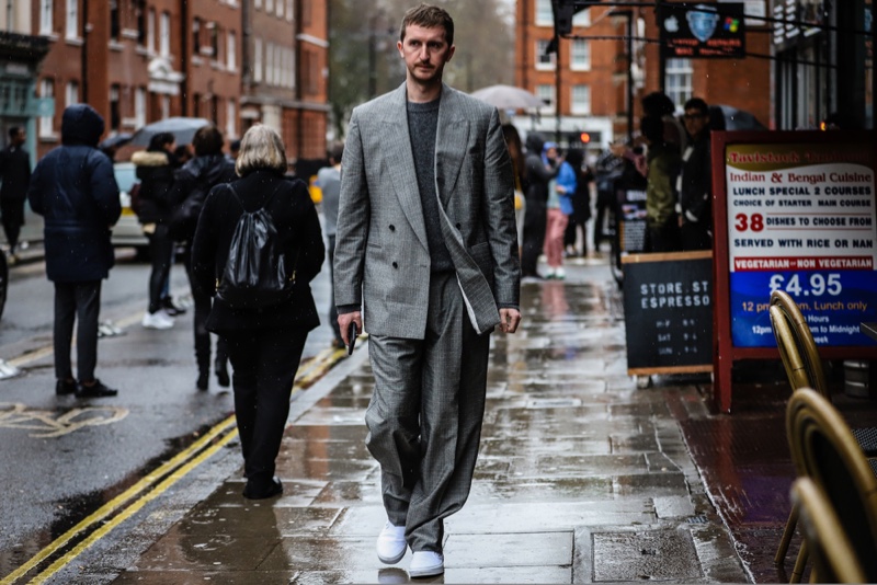 Man Walking Street Relaxed Suit London Fashion Week