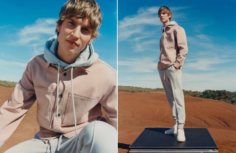 Reserved enlists Thom Voorintholt to star in its spring 2021 lookbook. Going sporty, Thom rocks the brand's hoodie and jogger-inspired trousers with classic sneakers.