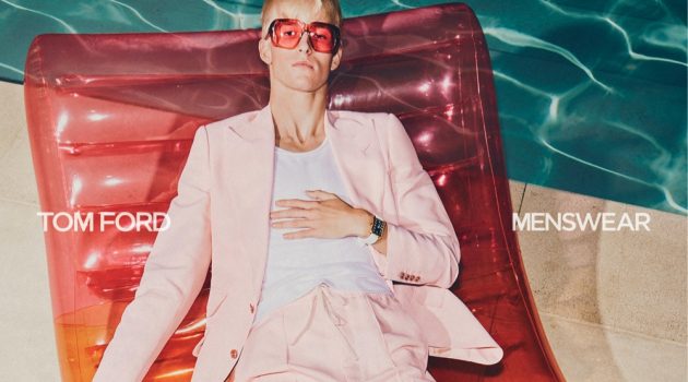 Troy N. sports a pink suit for Tom Ford's spring-summer 2021 men's campaign.