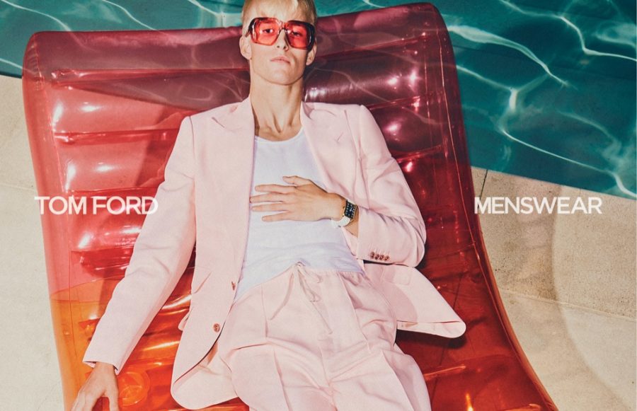 Troy N. sports a pink suit for Tom Ford's spring-summer 2021 men's campaign.