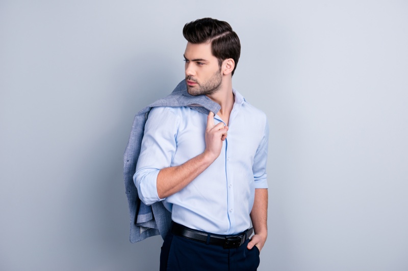 Well Dressed Man Blue Shirt Pants