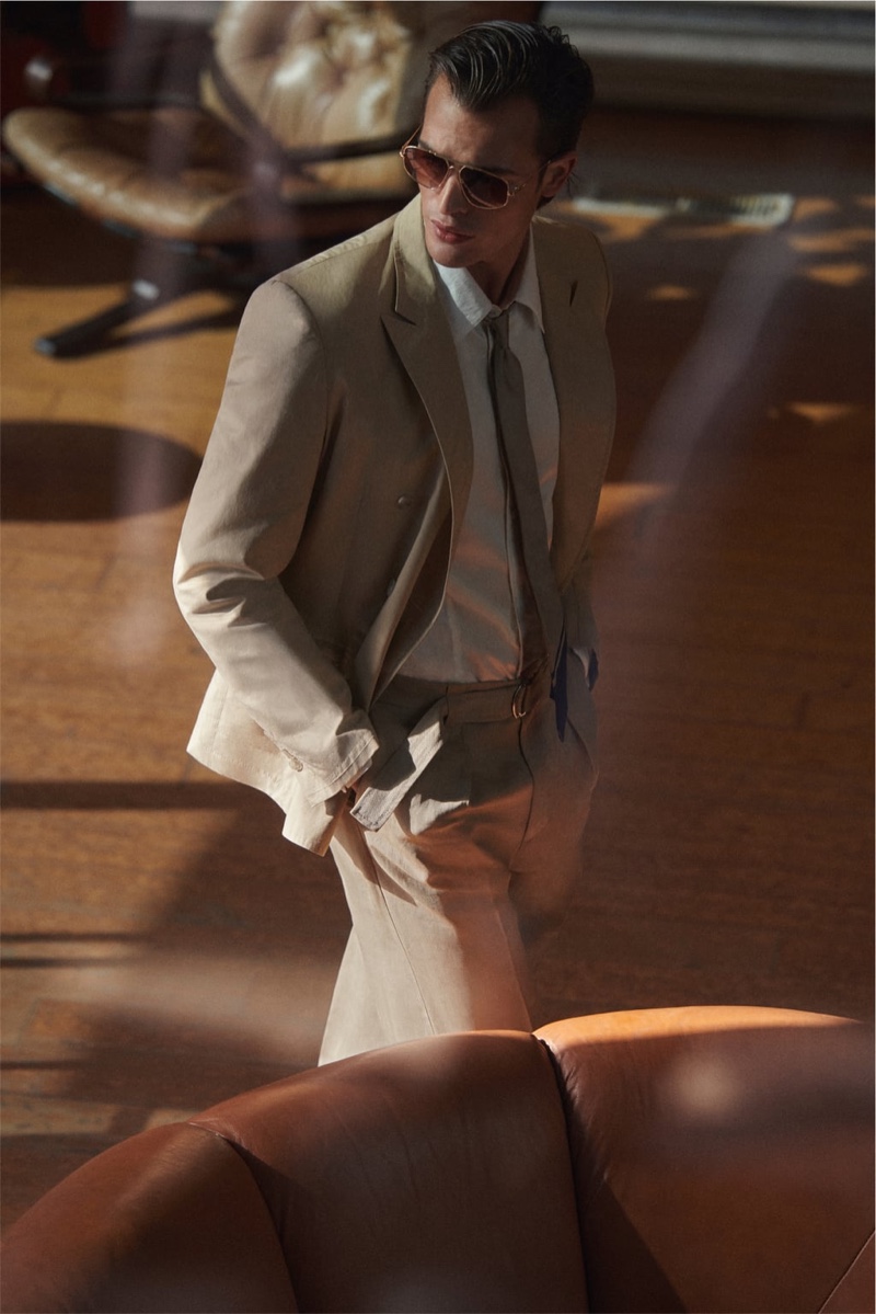 Dutch model Parker van Noord suits up for Zara's spring-summer 2021 men's campaign.