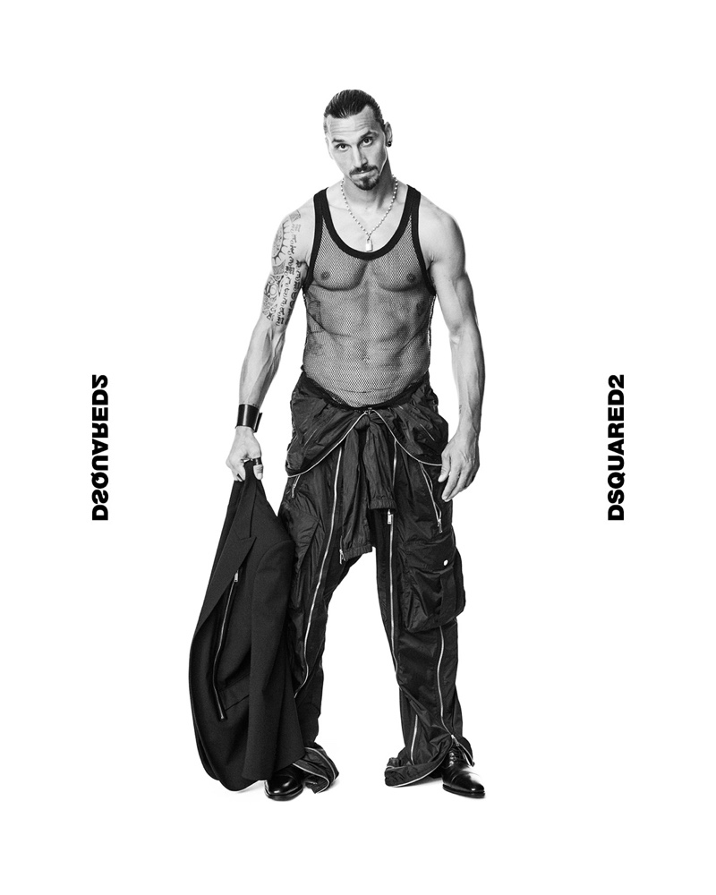 Rocking a mesh tank, Zlatan Ibrahimović connects with Dsquared2 for the brand's spring-summer 2021 men's campaign.