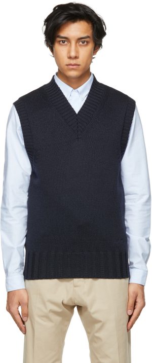 AMI Alexandre Mattiussi Navy Knit V-Neck Vest AMI Alexandre Mattiussi Navy Knit V-Neck Vest