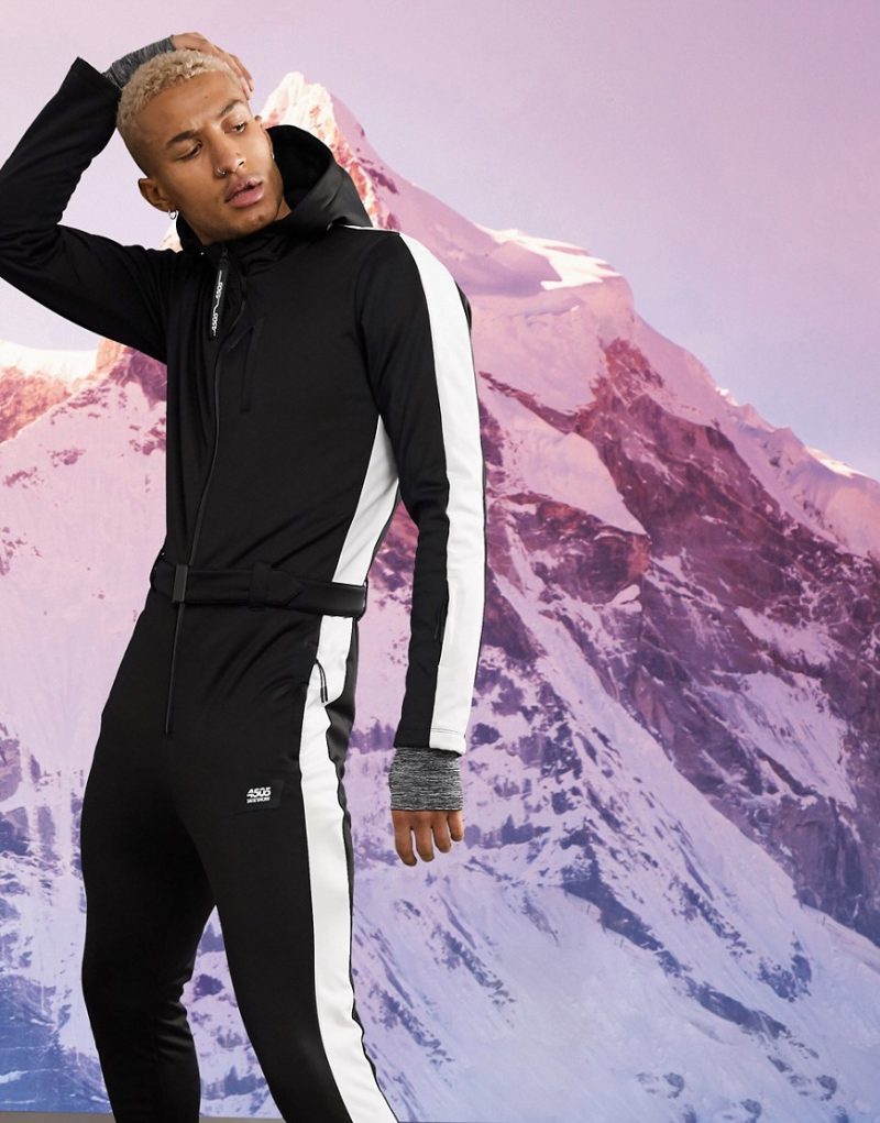 ASOS 4505 ski suit in slim fit with side stripeBlack The Fashionisto