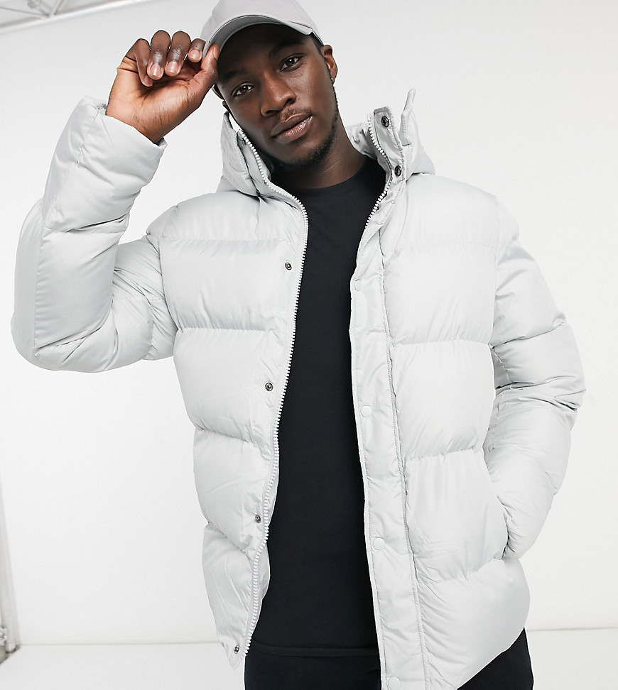 ASOS DESIGN Tall sustainable puffer jacket with detachable hood in gray ...