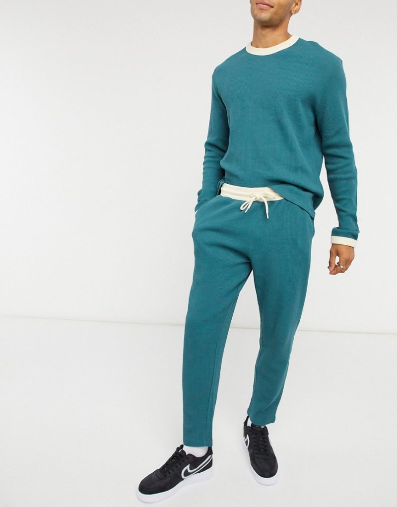 ASOS DESIGN Tall tapered sweatpants in deep green waffle with contrast ...