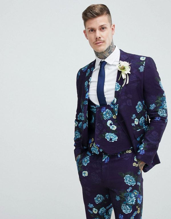 ASOS DESIGN Wedding Skinny Suit Jacket In Navy Floral Linen Look | The ...