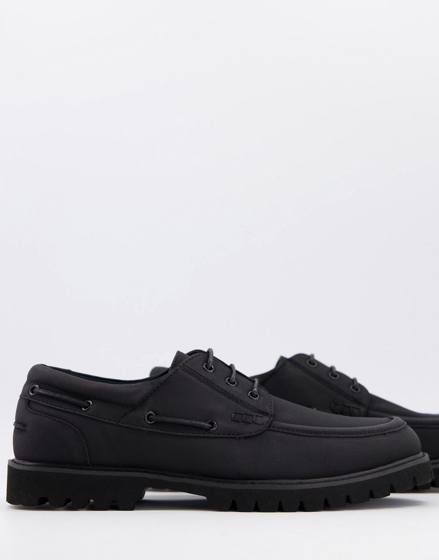ASOS DESIGN boat shoe in black faux suede on chunky sole