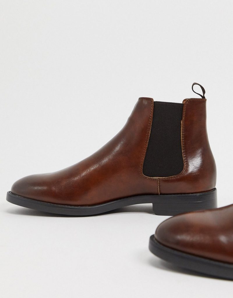 ASOS DESIGN chelsea boots in brown faux leather with black sole | The ...
