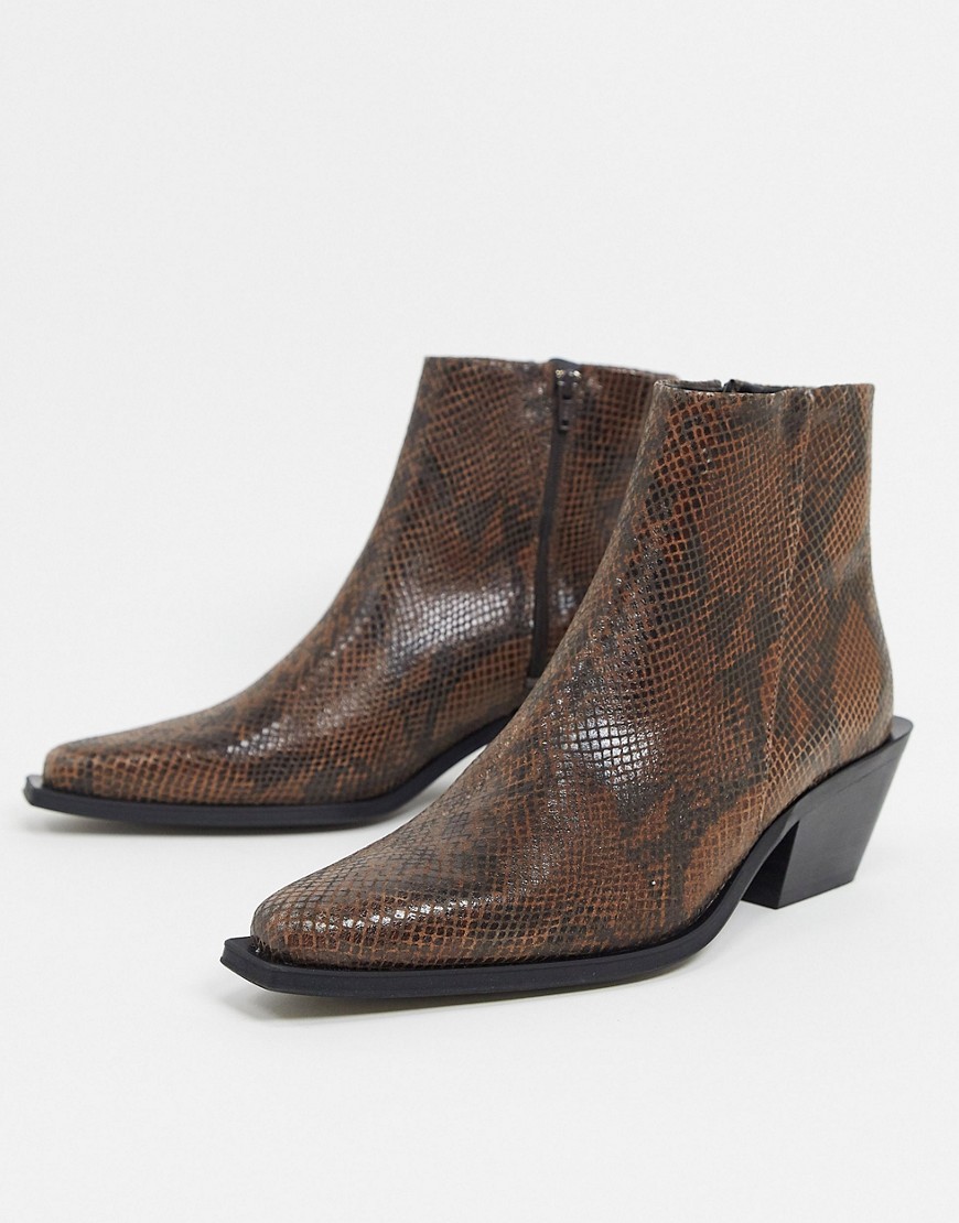 ASOS DESIGN cuban heel western chelsea boot in brown snake leather with ...