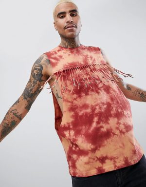 ASOS DESIGN festival sleeveless t-shirt in tie-dye wash with beaded fringing in rust-Orange ASOS DESIGN festival sleeveless t-shirt in tie-dye wash with beaded fringing in rust-Orange