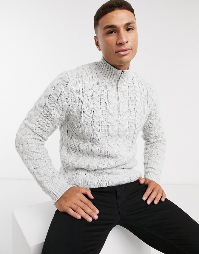ASOS DESIGN heavyweight cable knit half zip sweater in light grayGrey
