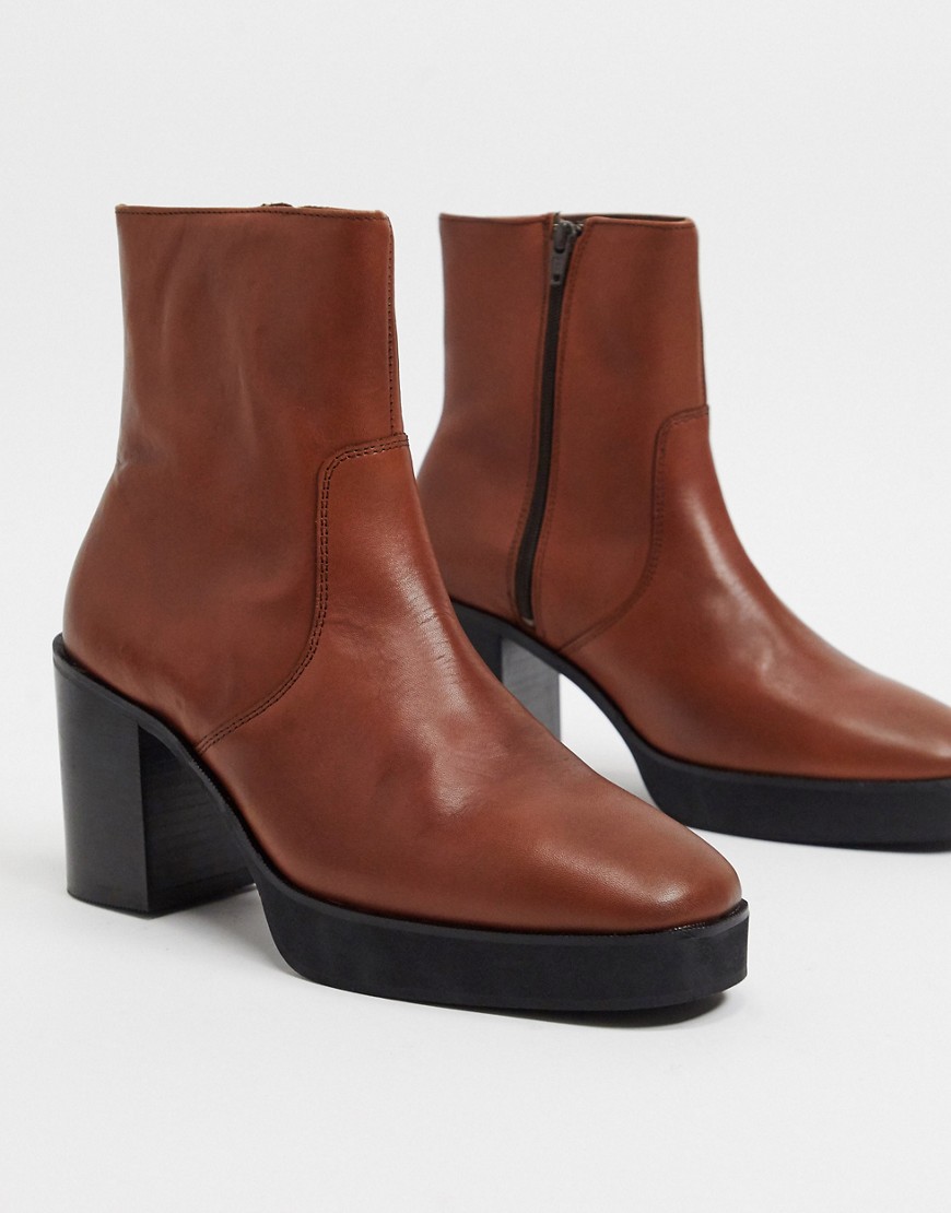 ASOS DESIGN heeled chelsea boots in brown leather on platform sole ...