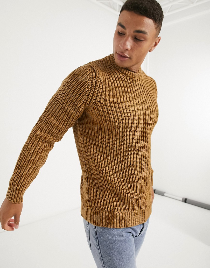 ASOS DESIGN knitted heavyweight fisherman rib sweater in tan-Brown ...