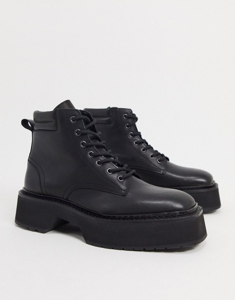 asos design alton leather lace up boots in black